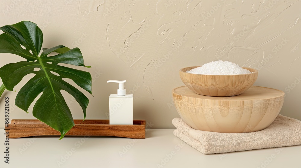 A close-up of a wooden bowl filled with white bath salts on a countertop, next to a monstera leaf and soap dispenser. A close-up of a wooden bowl filled with white bath salts on a countertop, next to a monstera leaf and soap dispenser.