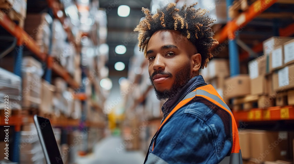 Portrait of warehouse worker uses a laptop to manage inventory. Logistics and delivery. Portrait of warehouse worker uses a laptop to manage inventory. Logistics and delivery.