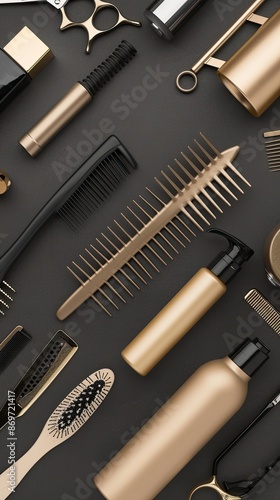 A collection of gold hair care products and tools arranged in a row against a black background