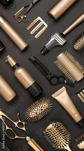 A collection of gold hair care products and tools arranged in a row against a black background