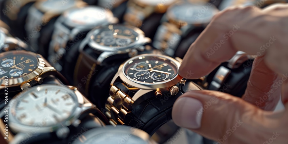 Fototapeta premium A hand is picking up a luxury watch from a display case full of watches.
