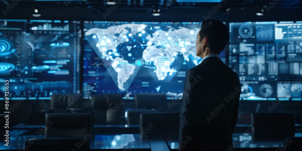 A man in a dark suit stands in front of a large video wall displaying a world map. A man in a dark suit stands in front of a large video wall displaying a world map.