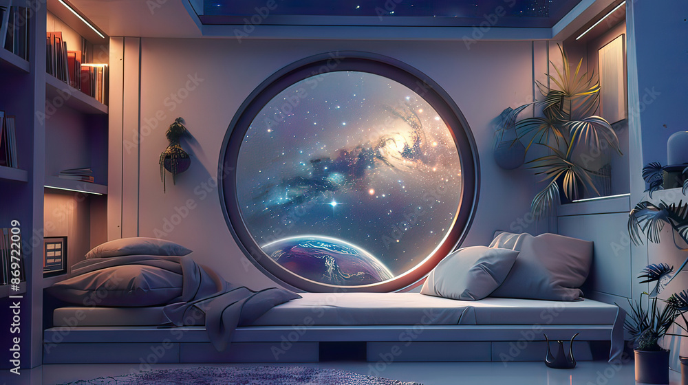 A cozy reading nook with a view of a distant galaxy through a circular window, minimalist design with soft ambient lighting, photorealistic and ultra-detailed A cozy reading nook with a view of a distant galaxy through a circular window, minimalist design with soft ambient lighting, photorealistic and ultra-detailed
