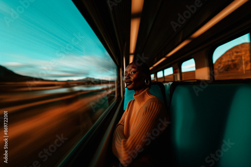 A person wearing headphones and a sweater is seen looking out the window while traveling on a train, with the blurred landscape rushing by outside, evoking a sense of contemplation. photo