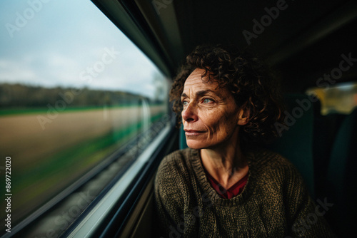 A woman with curly hair intently gazes out of a train window, capturing the passing view with a reflective expression, representing introspection and silent contemplation.
