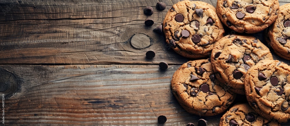 Cookies with chocolate chips displayed on a wooden backdrop with copy space image. Cookies with chocolate chips displayed on a wooden backdrop with copy space image.