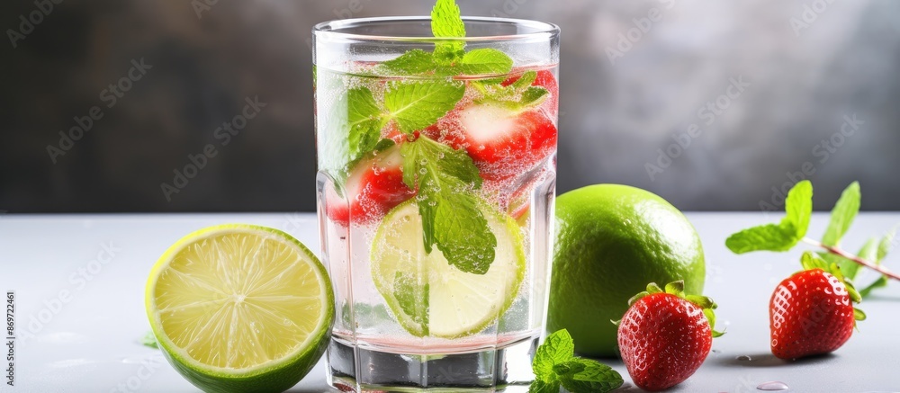 Detox cold water with lime, strawberry, and mint in a glass with ice cubes on a gray background, perfect for adding text or other elements (copy space image). Detox cold water with lime, strawberry, and mint in a glass with ice cubes on a gray background, perfect for adding text or other elements (copy space image).