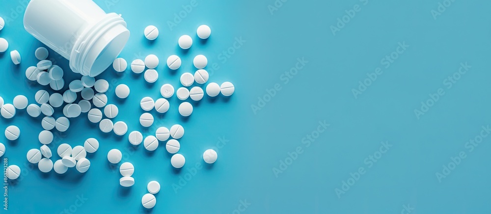Flat lay top view of a spilled circle pill container on a blue background, focusing on the pills with an isolated setting for medical themes with copy space image. Flat lay top view of a spilled circle pill container on a blue background, focusing on the pills with an isolated setting for medical themes with copy space image.