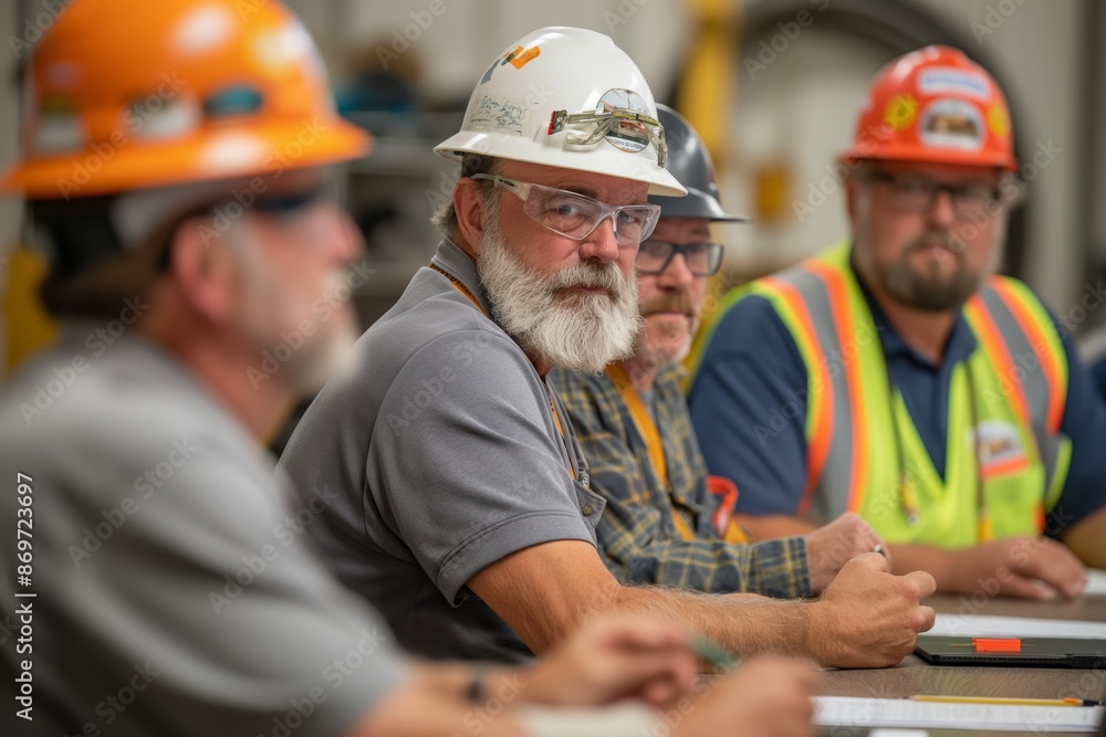 Construction workers in safety helmets having a meeting on-site, discussing plans and safety protocols in a conference room. Construction workers in safety helmets having a meeting on-site, discussing plans and safety protocols in a conference room.