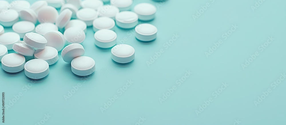 Isolated medicine pills on a blue backdrop create a healthcare concept with a design element. Featuring selective focus, the image includes copy space. Isolated medicine pills on a blue backdrop create a healthcare concept with a design element. Featuring selective focus, the image includes copy space.