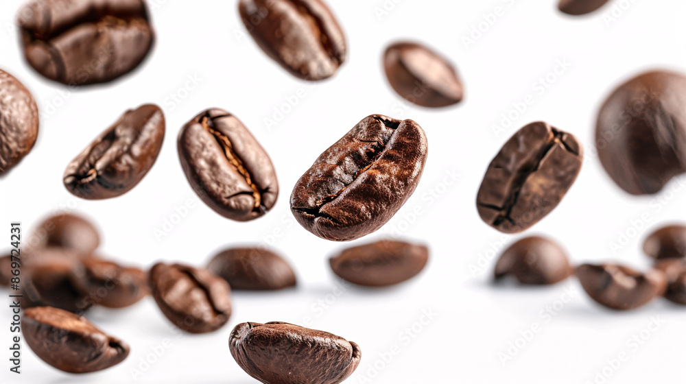 roasted coffee beans flying on white background, close-up. roasted coffee beans flying on white background, close-up.