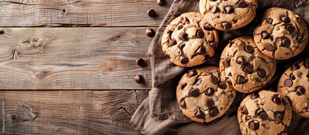 Cookies with chocolate chips displayed on a wooden backdrop with copy space image. Cookies with chocolate chips displayed on a wooden backdrop with copy space image.
