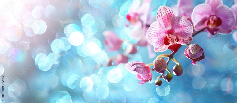 Banner with copy space image featuring pink orchid branches set against a blue bokeh background. Banner with copy space image featuring pink orchid branches set against a blue bokeh background.
