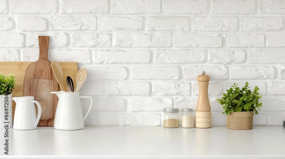 A clean, white kitchen countertop with a white brick backsplash. There are wooden utensils, a cutting board, two white pitchers, two glass jars, a wooden pepper shaker, and two potted plants A clean, white kitchen countertop with a white brick backsplash. There are wooden utensils, a cutting board, two white pitchers, two glass jars, a wooden pepper shaker, and two potted plants