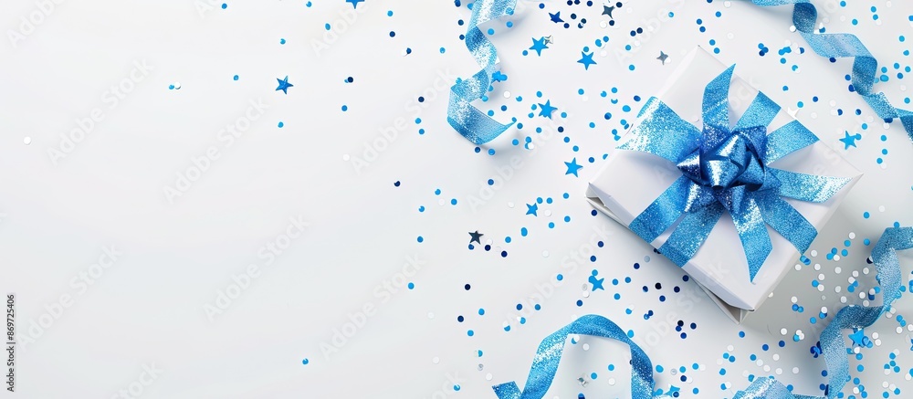 Blue themed birthday concept for a boy with a gift box placed on a white background in a top view frame, incorporating copy space image. Blue themed birthday concept for a boy with a gift box placed on a white background in a top view frame, incorporating copy space image.