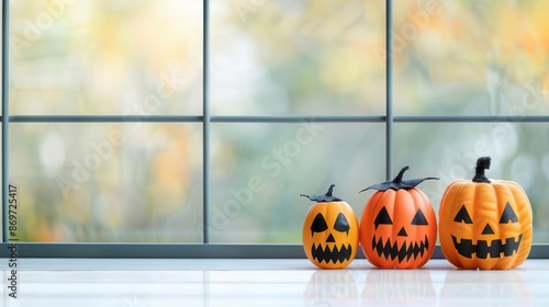 Colorful Halloween-themed window decals on a bright background, Halloween, Spooky and fun home decorations photo