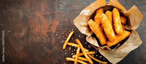 Rustic top-view image of a fast-food meal with deep-fried fish sticks in breadcrumbs on a table, ideal for a food-themed background with copy space. photo