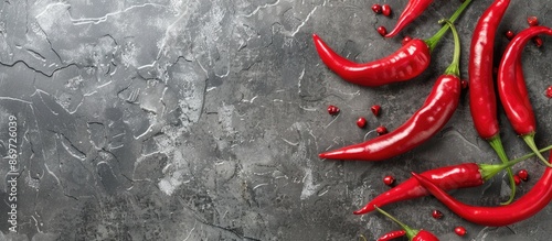 Panel kuchenny z motywem Top view of red hot chili peppers on a concrete slate with a background ideal for adding text or graphics, providing a copy space image.