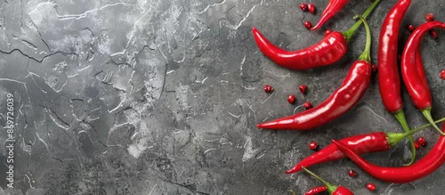 Panel kuchenny z motywem Top view of red hot chili peppers on a concrete slate with a background ideal for adding text or graphics, providing a copy space image.