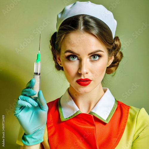A nurse wearing an apron and hold on injection. face reaction thinking on a solid background. beautiful woman