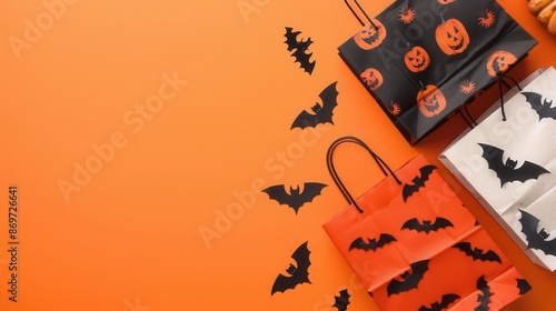 Top view of Halloween-themed gift bags on an orange background, Halloween, Festive and spooky packaging ideas photo