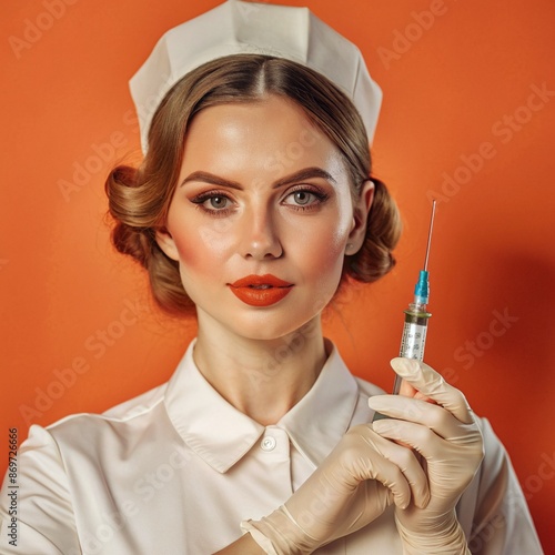 A nurse wearing an apron and hold on injection. face reaction thinking on a solid background. beautiful woman