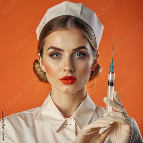 A nurse wearing an apron and hold on injection. face reaction thinking on a solid background. beautiful woman