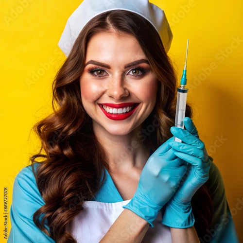 A nurse wearing an apron and hold on injection. face reaction thinking on a solid background. beautiful woman