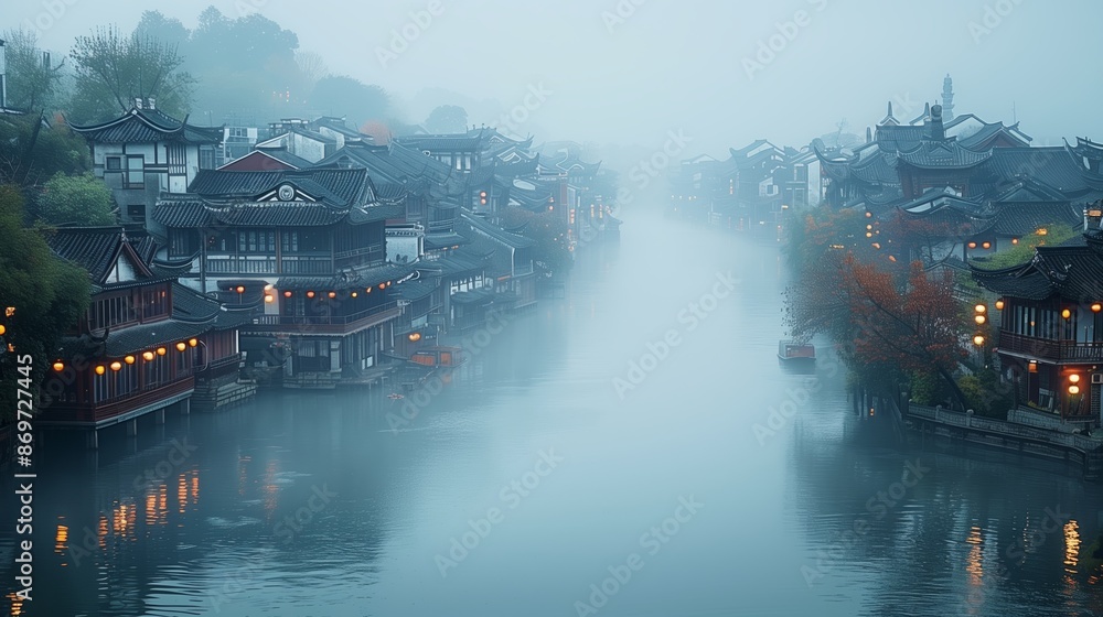 Foggy Morning View of Traditional Chinese Water Village Foggy Morning View of Traditional Chinese Water Village
