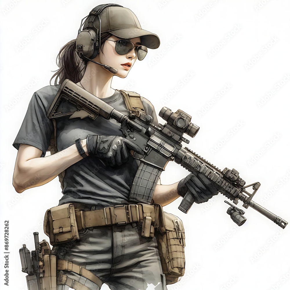Portrait drawing of a female military holding sniper gun for training on white background. Military operation concept, illustration image generative ai Portrait drawing of a female military holding sniper gun for training on white background. Military operation concept, illustration image generative ai