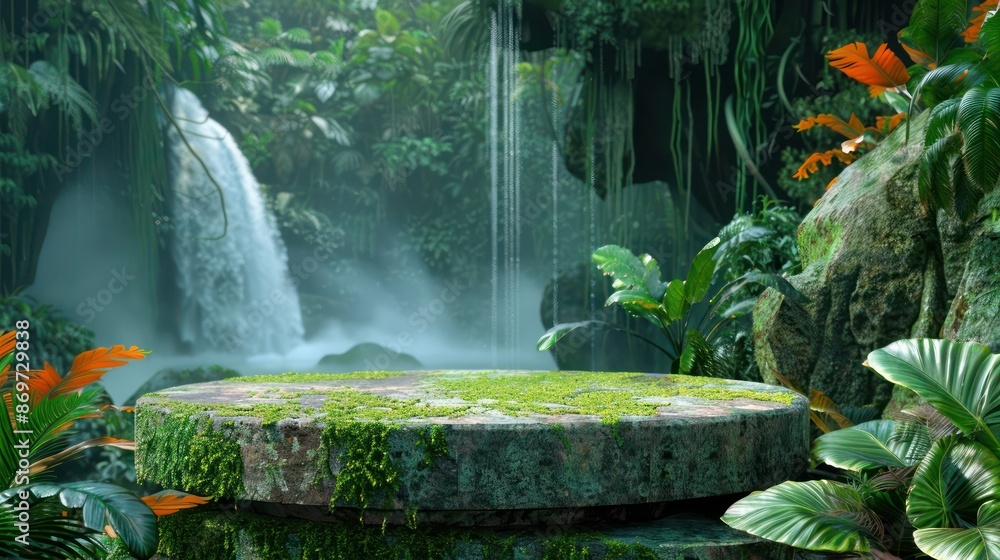 A 3D podium in the middle of a rainforest, with a waterfall in the background and exotic plants around. The podium is covered with vibrant green moss.