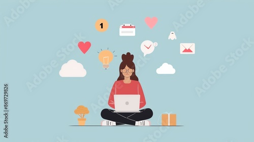 Woman working on laptop with various icons representing different tasks floating around her, symbolizing multitasking and productivity.
