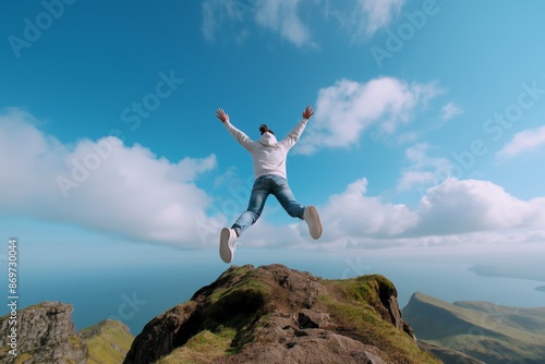 Person jumping joyfully on a rocky mountain top with a clear blue sky and scattered clouds in the background. © Stone Story