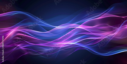 Abstract blue and purple background with smooth wavy lines on a dark colored background with soft lighting and a blurred effect