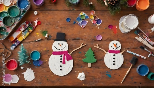 Colorful Snowman Crafting Supplies on a Wooden Table Decorated for Christmas