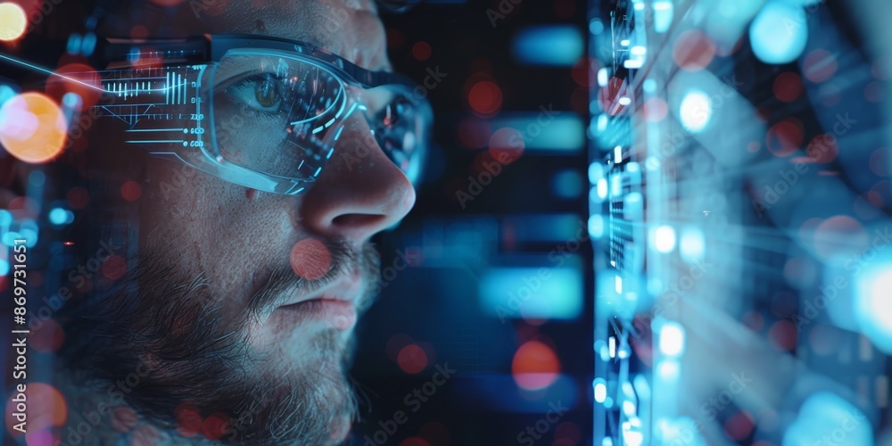 A male data scientist wearing augmented reality glasses works on a futuristic computer interface. A male data scientist wearing augmented reality glasses works on a futuristic computer interface.