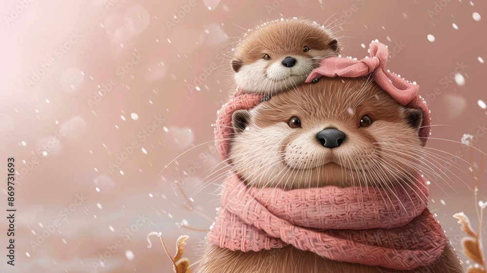 Cute otters in winter attire, one on top of the other, surrounded by falling snowflakes, creating a cozy and heartwarming scene.