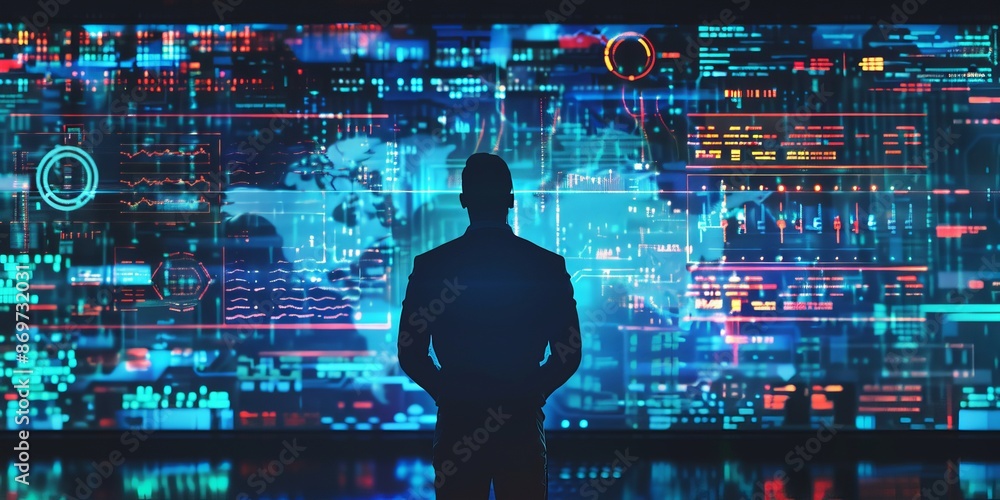 A man standing in front of a large screen with a lot of data on it A man standing in front of a large screen with a lot of data on it