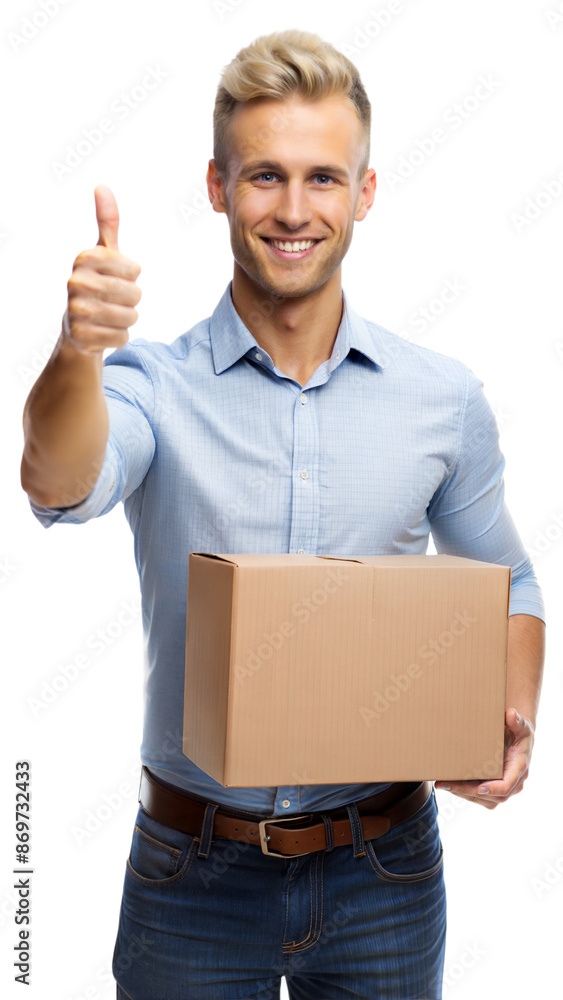 Happy Man Holding Package and Giving Thumbs Up Happy Man Holding Package and Giving Thumbs Up