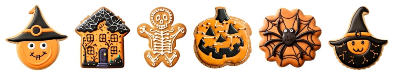 Set of Gingerbread halloween pumpkin, skeleton, Jack O Lantern, haunted house, witch, spider cobweb cookie biscuit on transparent cutout PNG file. Many different design. Mockup template for design