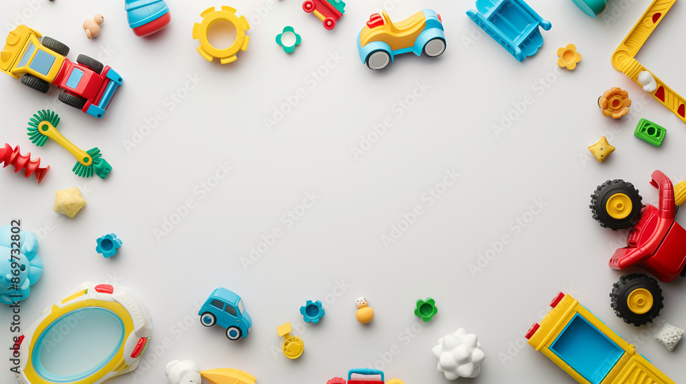 Children's toys frame on white background. Top view. Flat lay Children's toys frame on white background. Top view. Flat lay