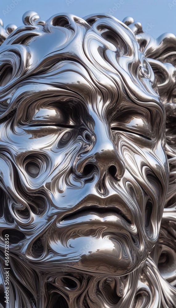 Close-up of a shiny metallic sculpture of a human face with abstract, fluid-like textures and reflective surface Close-up of a shiny metallic sculpture of a human face with abstract, fluid-like textures and reflective surface