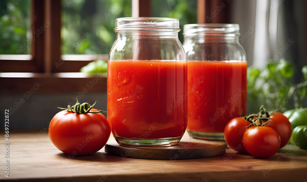 A container of tomato juice, and a few ripe tomatoes A container of tomato juice, and a few ripe tomatoes
