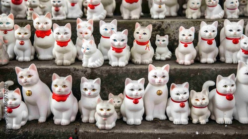 A close-up shot of several white ceramic Maneki-Neko cats with red collars and bells, displayed in a row © Светлана Канунникова