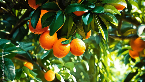 Fototapeta Naklejka Na Ścianę i Meble -  Ripe orange fruits on orange tree between lush foliage, view from below, 16:9 with copyspace, 300 dpi