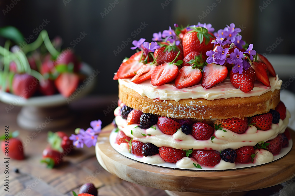 luxurious midsummer cake, featuring succulent strawberries and rich, creamy layers luxurious midsummer cake, featuring succulent strawberries and rich, creamy layers