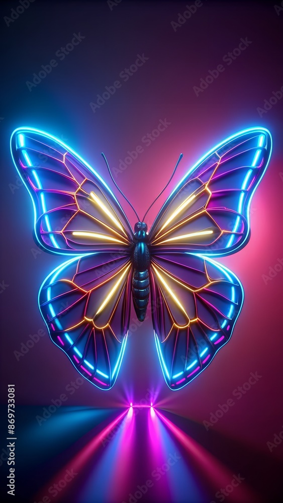 A bright neon large butterfly on a background of glowing neon elements. neon background A bright neon large butterfly on a background of glowing neon elements. neon background