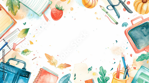 Watercolor illustration of a school frame with back-to-school theme featuring educational elements and supplies