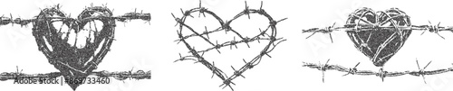 Set of hearts in barbed wire. Retro style Y2K, photocopy effect, pop art design. Vector illustration for T-shirt prints, collage design, banner, postcards, posters.