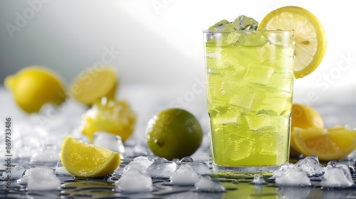 Fresh lemonade with ice cubes background 